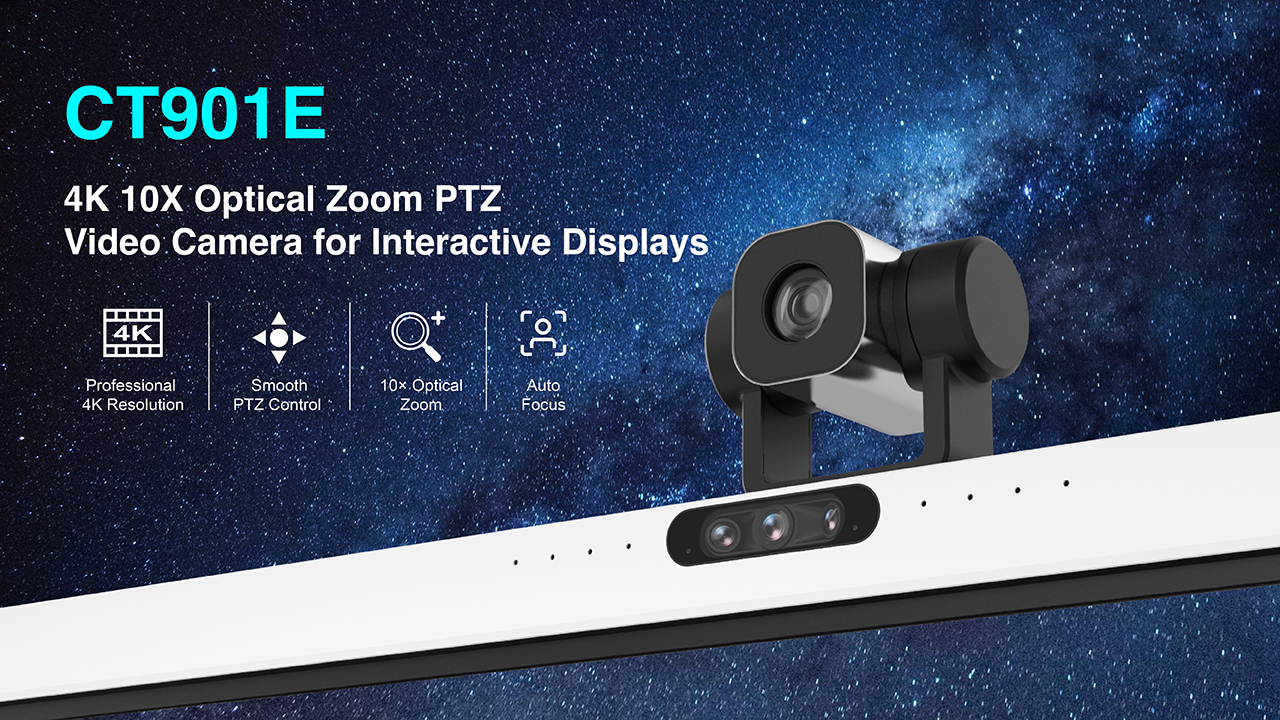 CT901E 4K PTZ video conferencing camera mounted on interactive flat panel display in a meeting room